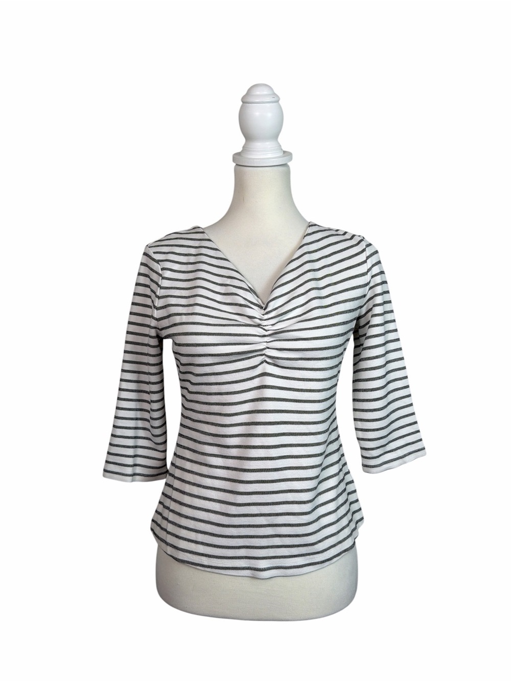Tahari Women’s Small Black White Striped Ruched V-Neck Bell Sleeve Top